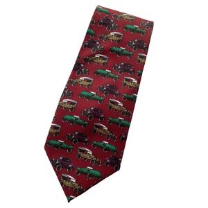 Handmade Vintage Cars Necktie Antique Vehicles Red Green Tan Rayon Retro